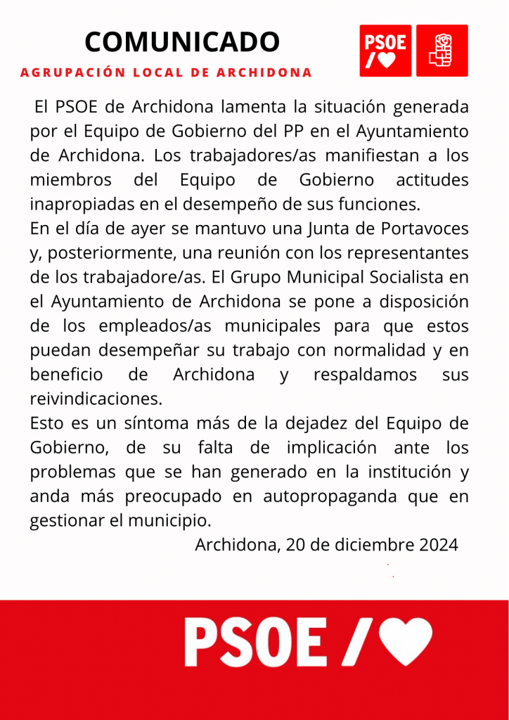 Imagen del comunicado publicado por el PSOE de Archidona.