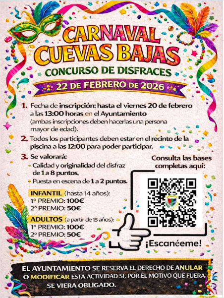 Cuevas Bajas abre el plazo de inscripción para el Concurso de Disfraces del Carnaval 2026