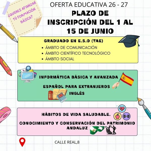 Abierto el plazo de matriculación para la Escuela de Adultos de Cuevas Bajas para el curso 2026-2027