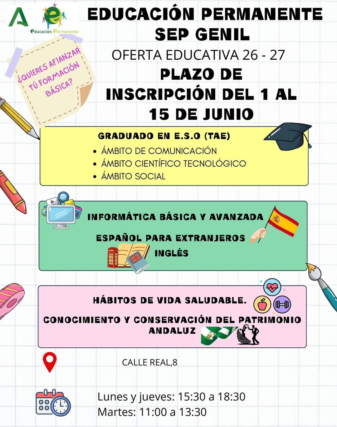 Abierto el plazo de matriculación para la Escuela de Adultos de Cuevas Bajas para el curso 2026-2027
