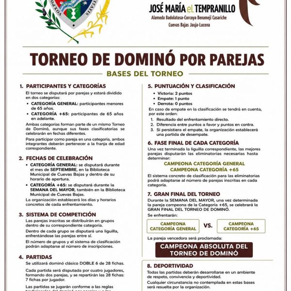 Cuevas Bajas organiza un Torneo de Dominó por Parejas con categorías general y para mayores de 65 años