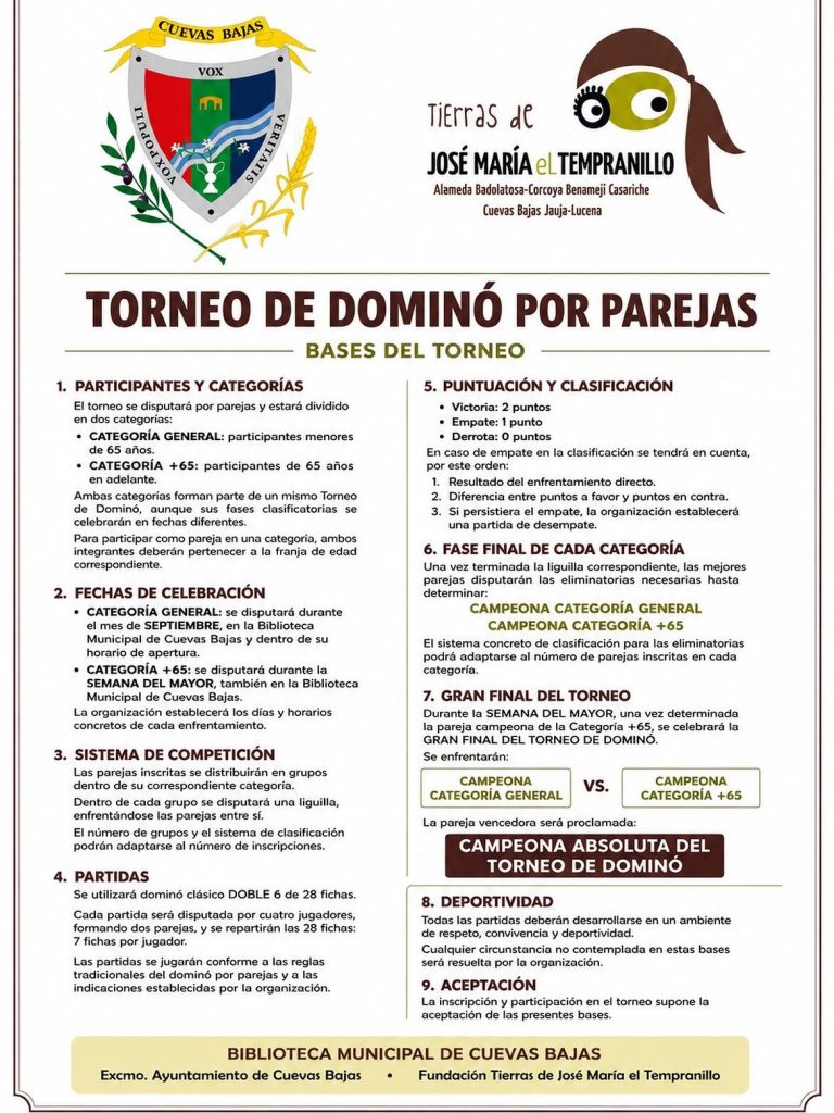 Cuevas Bajas organiza un Torneo de Dominó por Parejas con categorías general y para mayores de 65 años