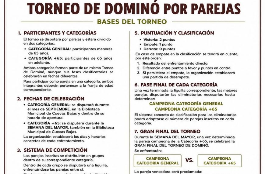 Cuevas Bajas organiza un Torneo de Dominó por Parejas con categorías general y para mayores de 65 años