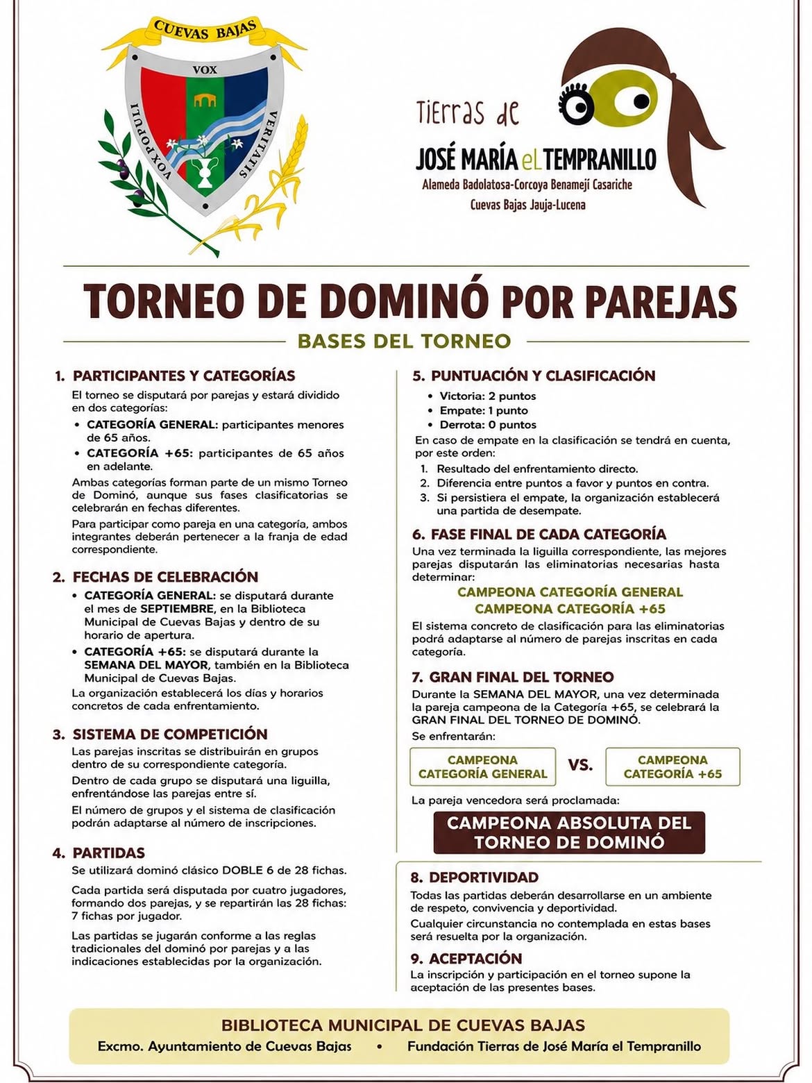 Cuevas Bajas organiza un Torneo de Dominó por Parejas con categorías general y para mayores de 65 años